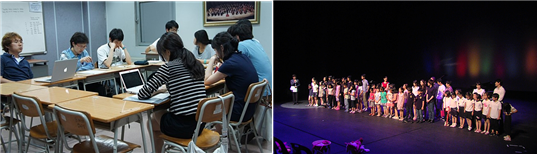 프로젝트 회의중인 한국예술종합학교 예술가(사진 왼쪽)와 발표중인 참여학생들