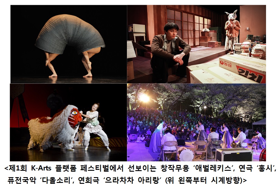 (위 왼쪽부터 시계방향)제1회 K-Arts 플랫폼 페스티벌에서 선보이는 창작무용 '애벌레키스', 연극 '홍시', 퓨전국악 '다올소리', 연희극 '으라차차 아리랑'